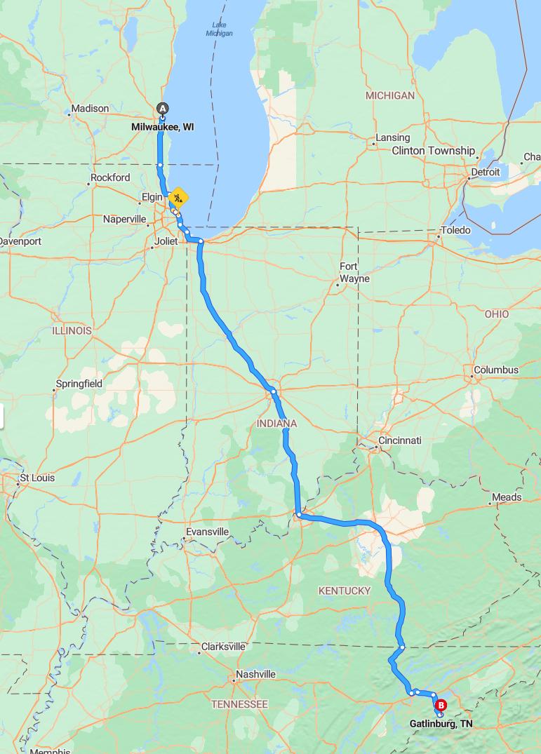 driving from Milwaukee, Wisconsin to GatlinburgTennessee - map and route