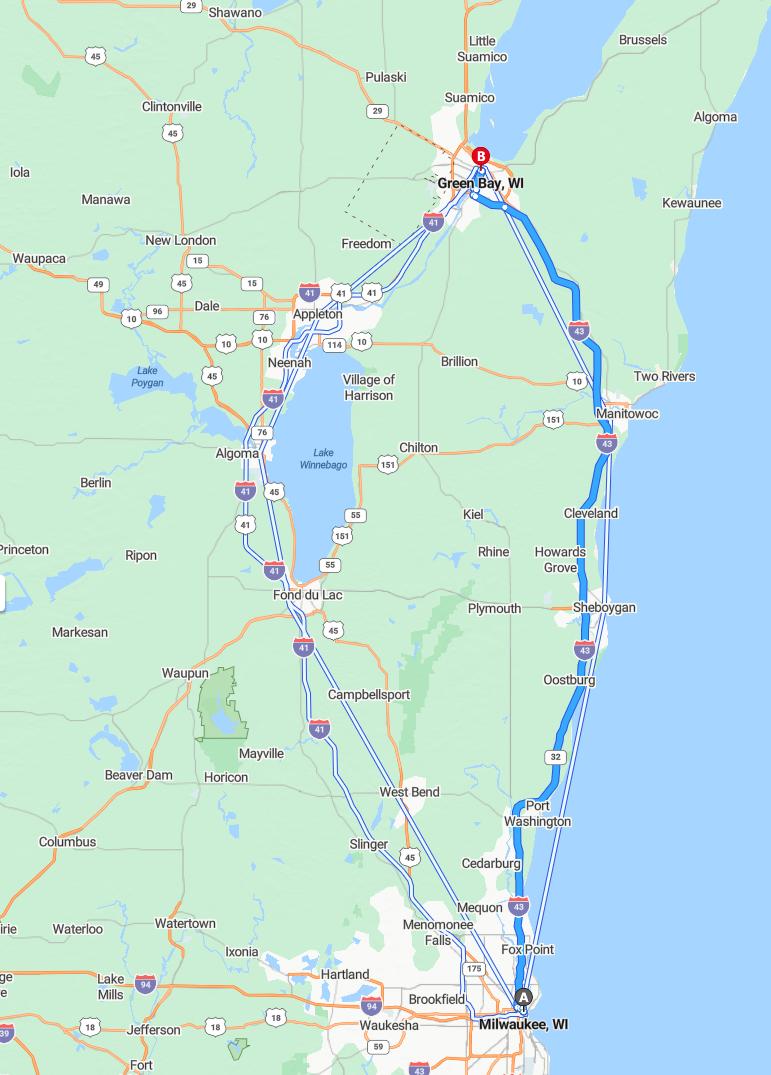 driving from Milwaukee, Wisconsin to Green BayWisconsin - map and route