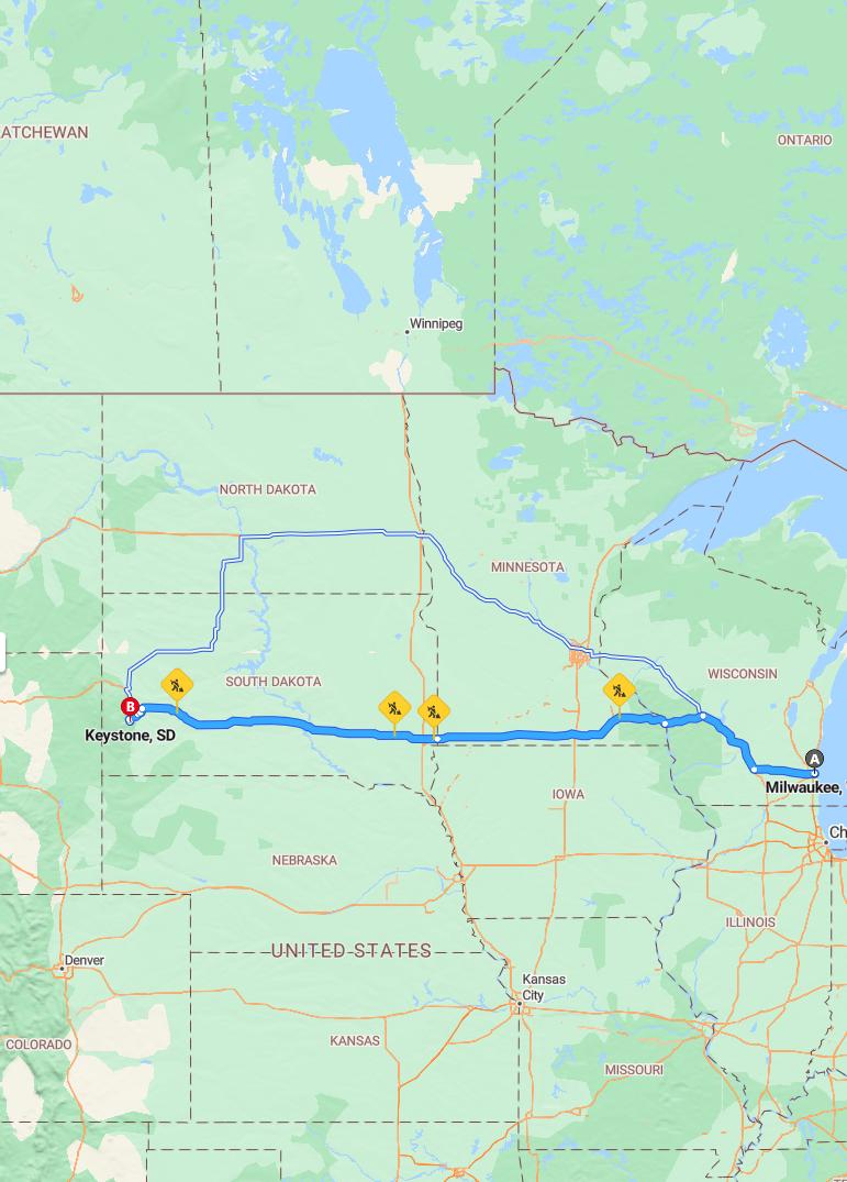 driving from Milwaukee, Wisconsin to KeystoneSouth Dakota - map and route