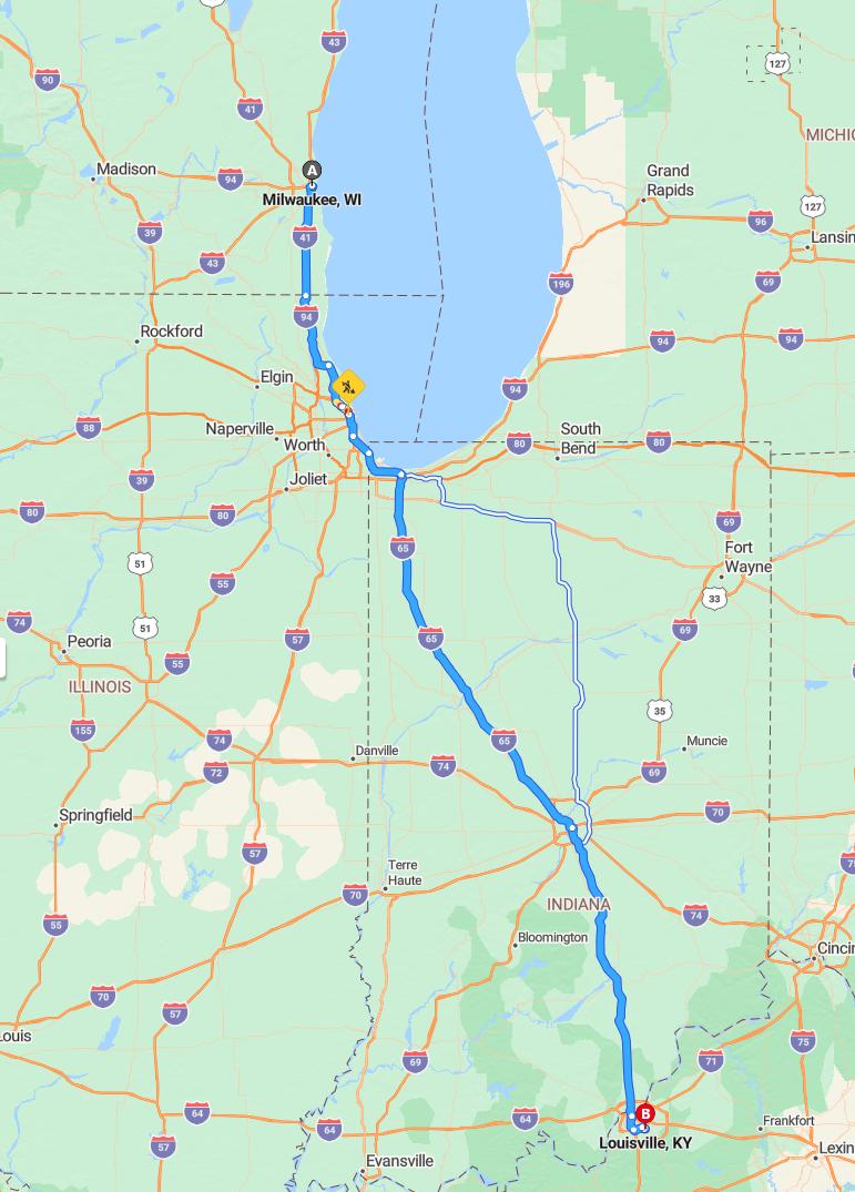 driving from Milwaukee, Wisconsin to LouisvilleKentucky - map and route