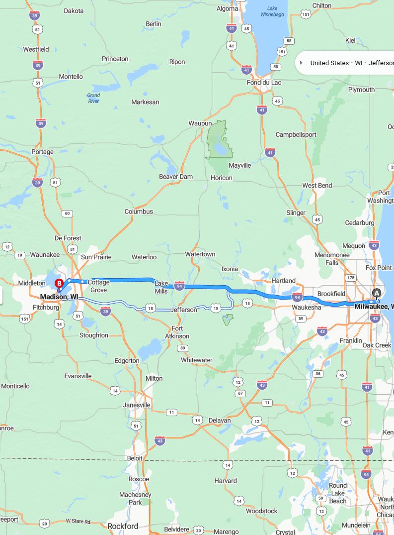 driving from Milwaukee, Wisconsin to MadisonWisconsin - map and route