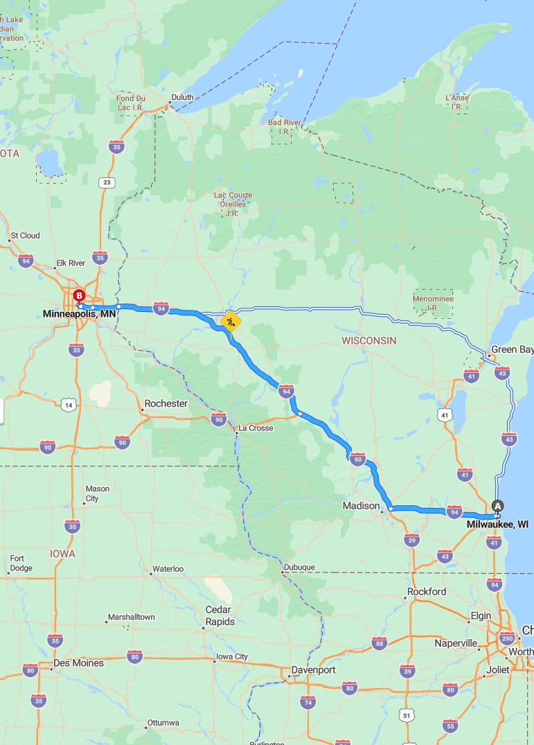driving from Milwaukee, Wisconsin to MinneapolisMinnesota - map and route