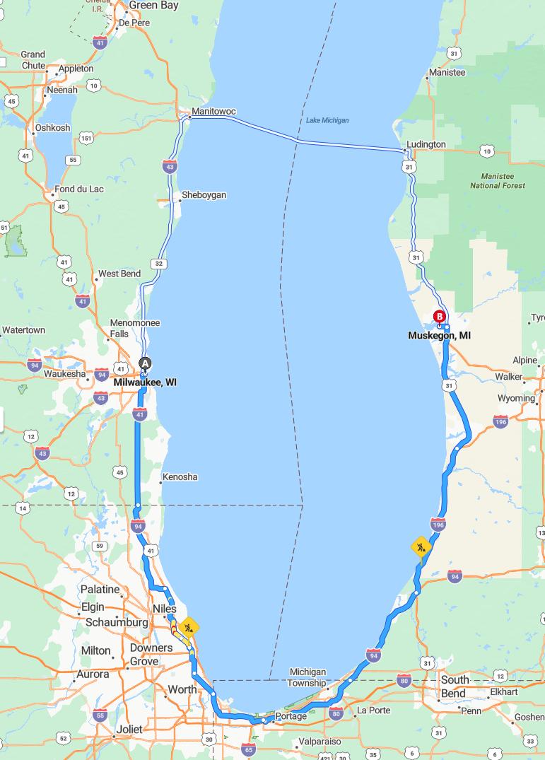 driving from Milwaukee, Wisconsin to MuskegonMichigan - map and route