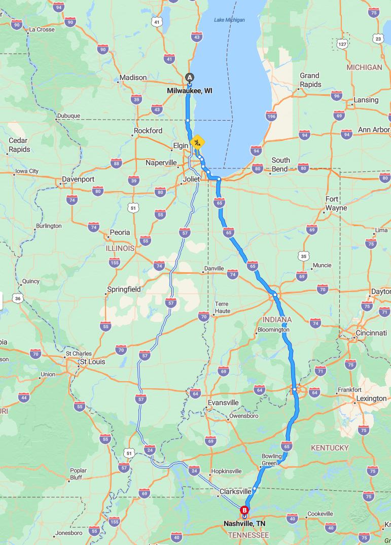 driving from Milwaukee, Wisconsin to NashvilleTennessee - map and route