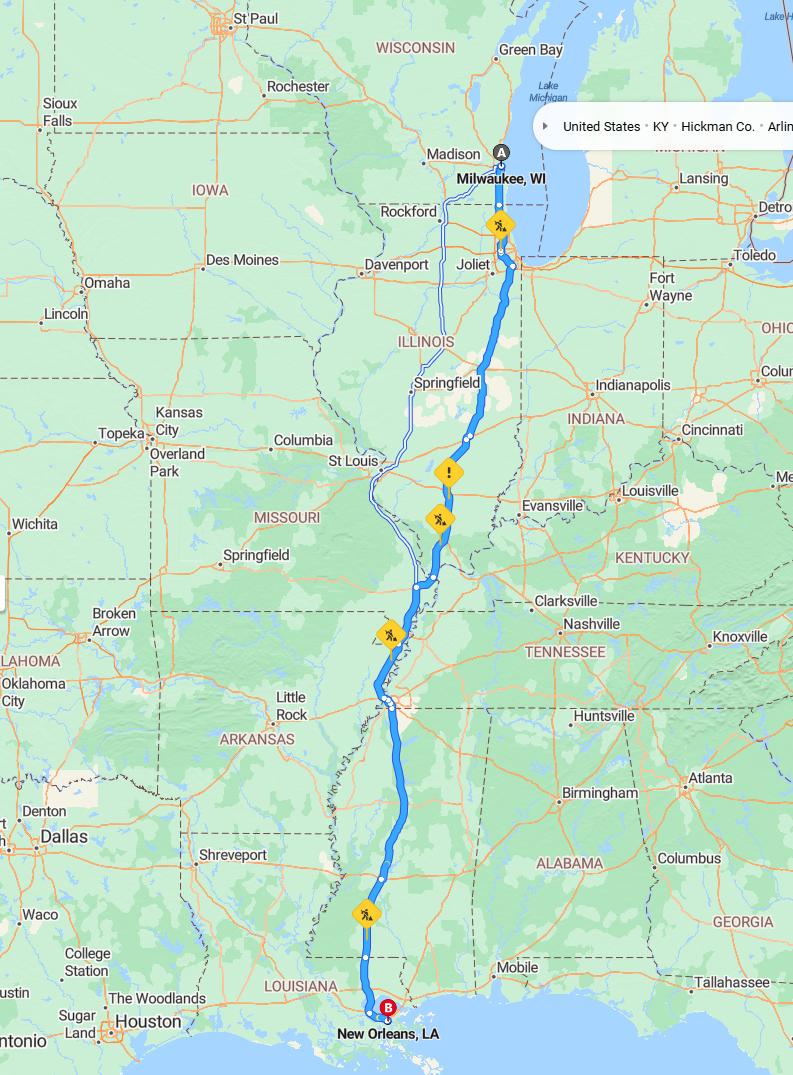 driving from Milwaukee, Wisconsin to New OrleansLouisiana - map and route