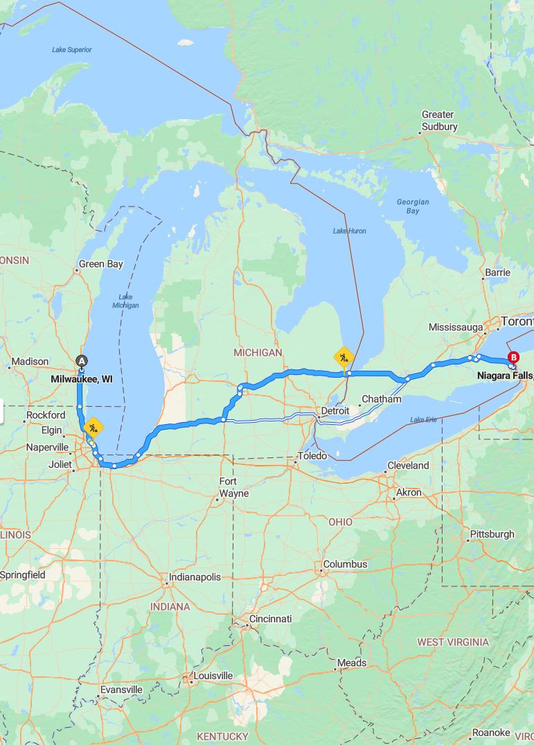 driving from Milwaukee, Wisconsin to Niagara FallsNew York - map and route