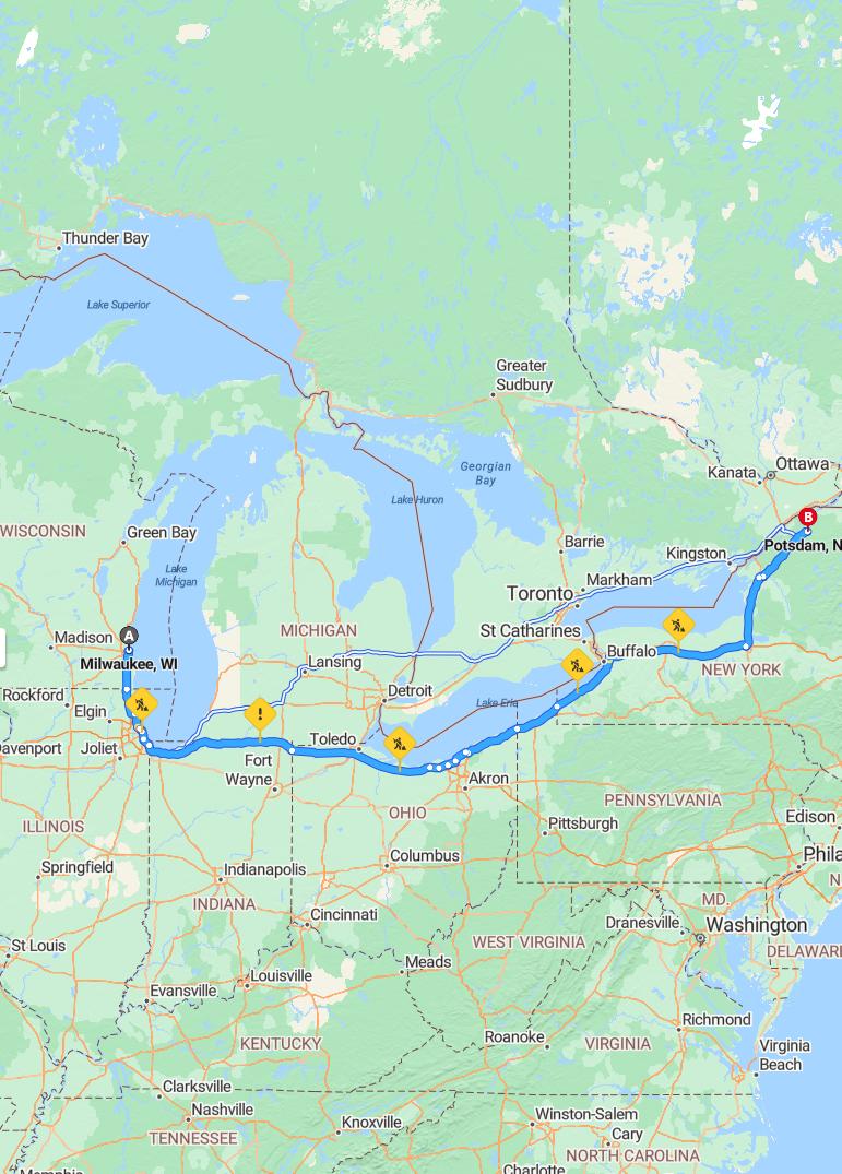driving from Milwaukee, Wisconsin to PotsdamNew York - map and route