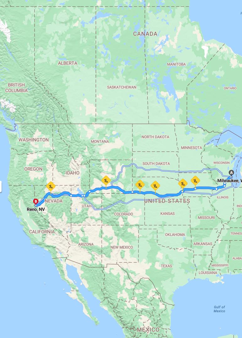 driving from Milwaukee, Wisconsin to RenoNevada - map and route
