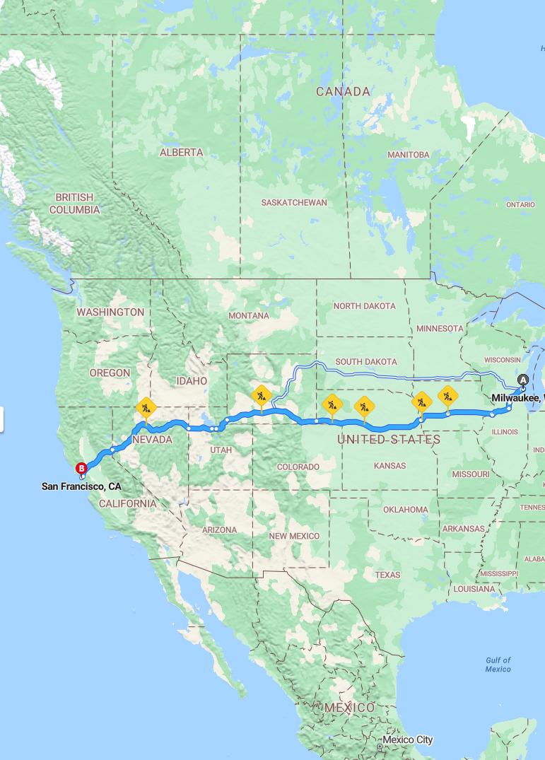 driving from Milwaukee, Wisconsin to San FranciscoCalifornia - map and route