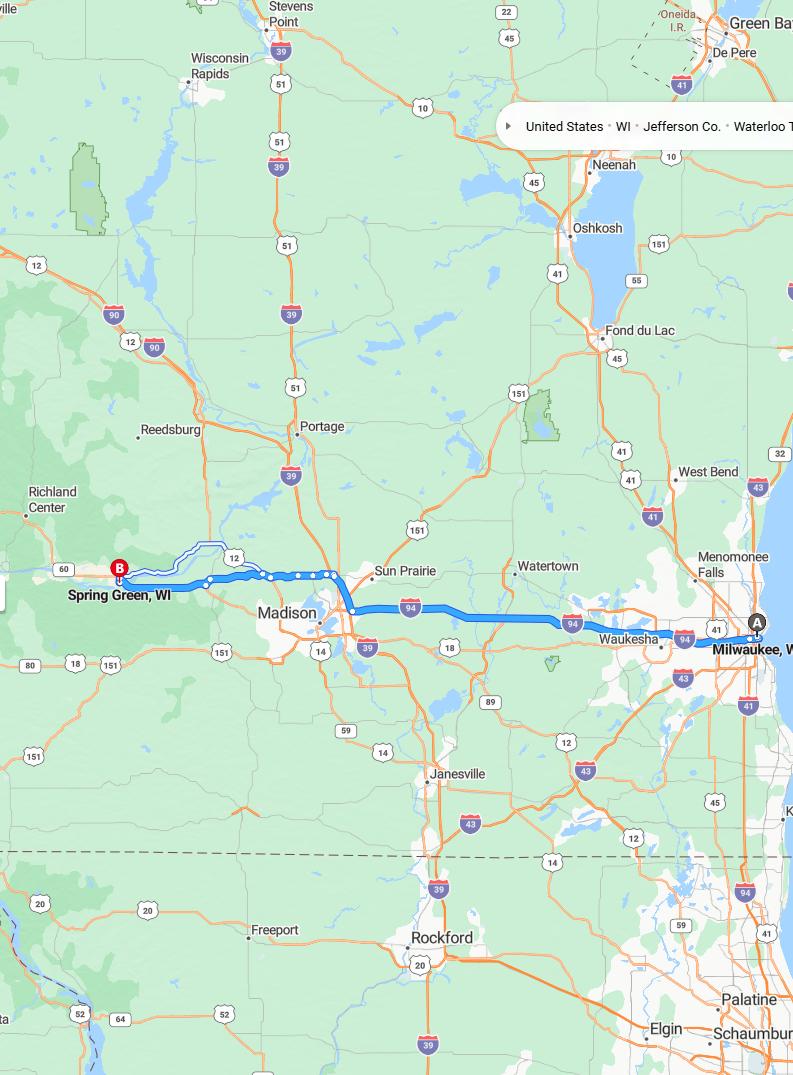 driving from Milwaukee, Wisconsin to Spring GreenWisconsin - map and route