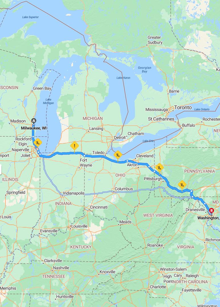 driving from Milwaukee, Wisconsin to WashingtonDistrict of Columbia - map and route