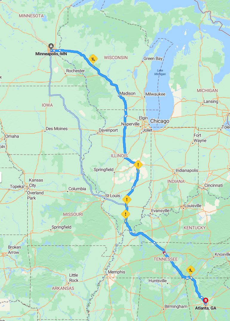 driving from Minneapolis, Minnesota to AtlantaGeorgia - map and route