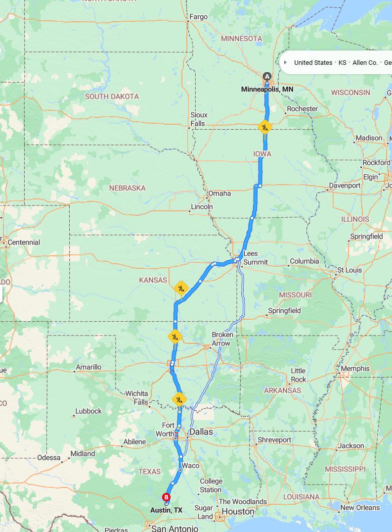 driving from Minneapolis, Minnesota to AustinTexas - map and route