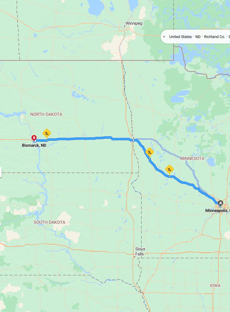 driving from Minneapolis, Minnesota to BismarckNorth Dakota - map and route