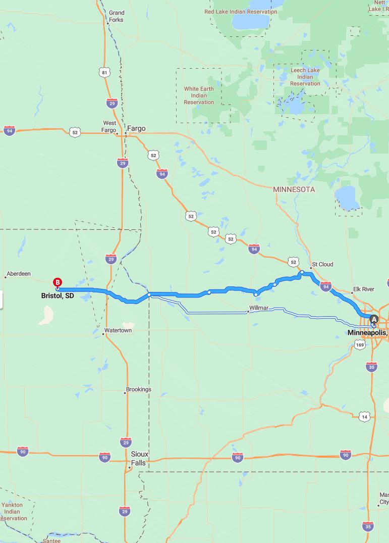 driving from Minneapolis, Minnesota to BristolSouth Dakota - map and route