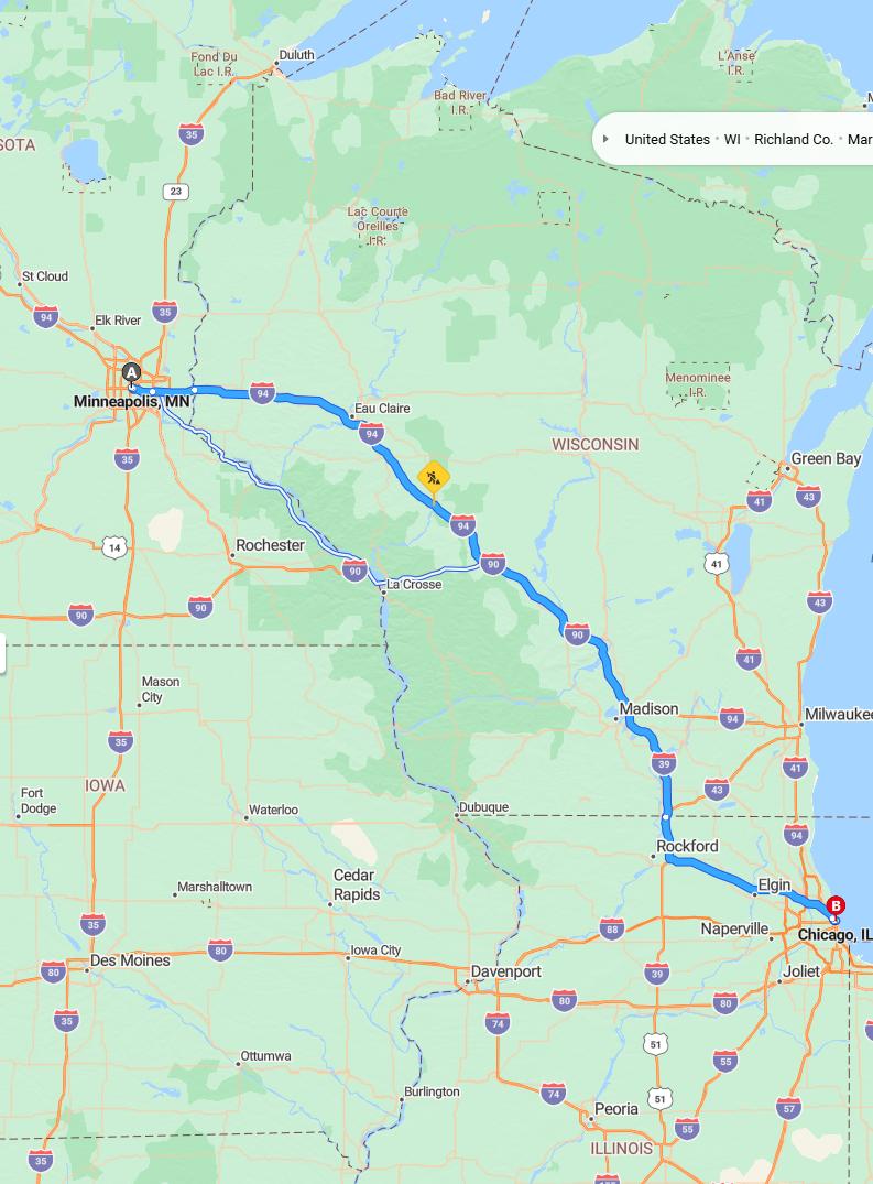 driving from Minneapolis, Minnesota to ChicagoIllinois - map and route