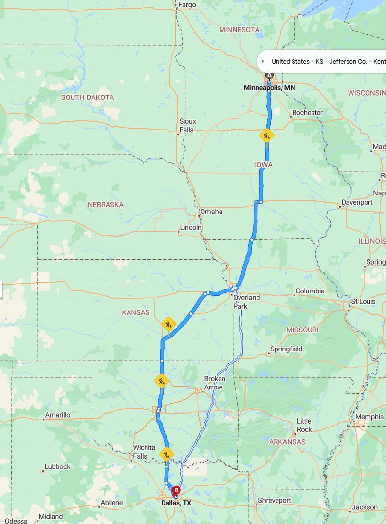 driving from Minneapolis, Minnesota to DallasTexas - map and route