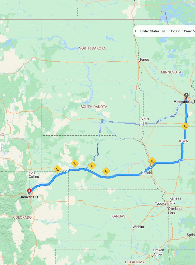 driving from Minneapolis, Minnesota to DenverColorado - map and route