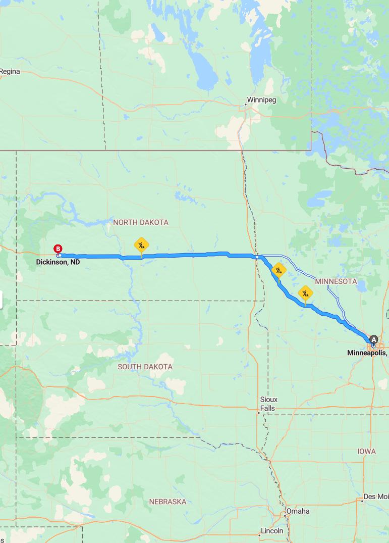 driving from Minneapolis, Minnesota to DickinsonNorth Dakota - map and route