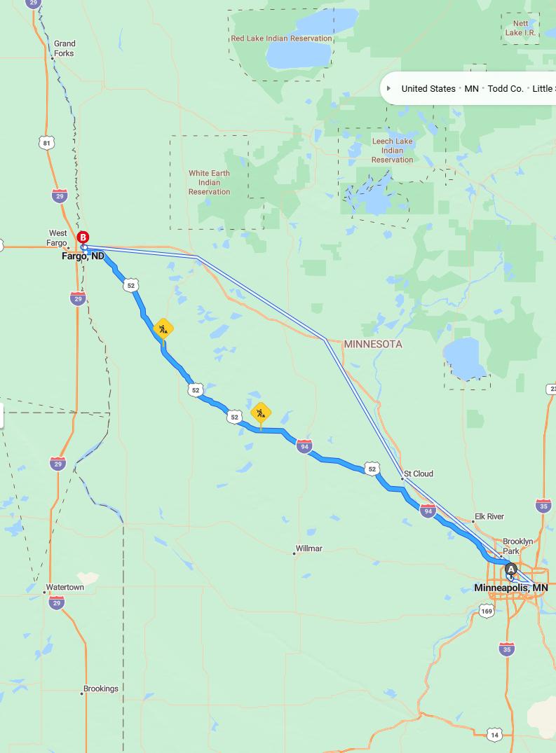 driving from Minneapolis, Minnesota to FargoNorth Dakota - map and route