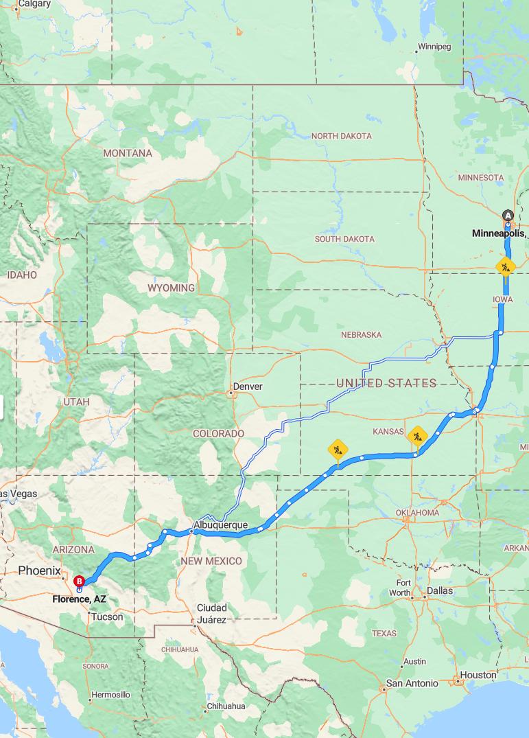 driving from Minneapolis, Minnesota to FlorenceArizona - map and route