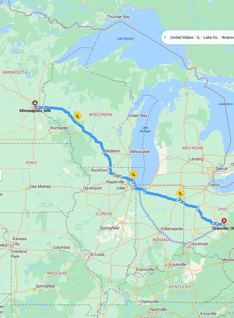 driving from Minneapolis, Minnesota to GranvilleOhio - map and route