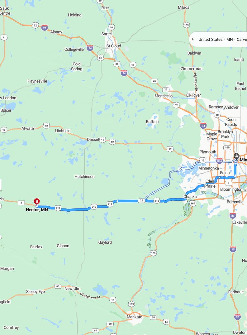 driving from Minneapolis, Minnesota to HectorMinnesota - map and route