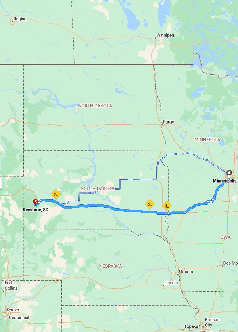 driving from Minneapolis, Minnesota to KeystoneSouth Dakota - map and route