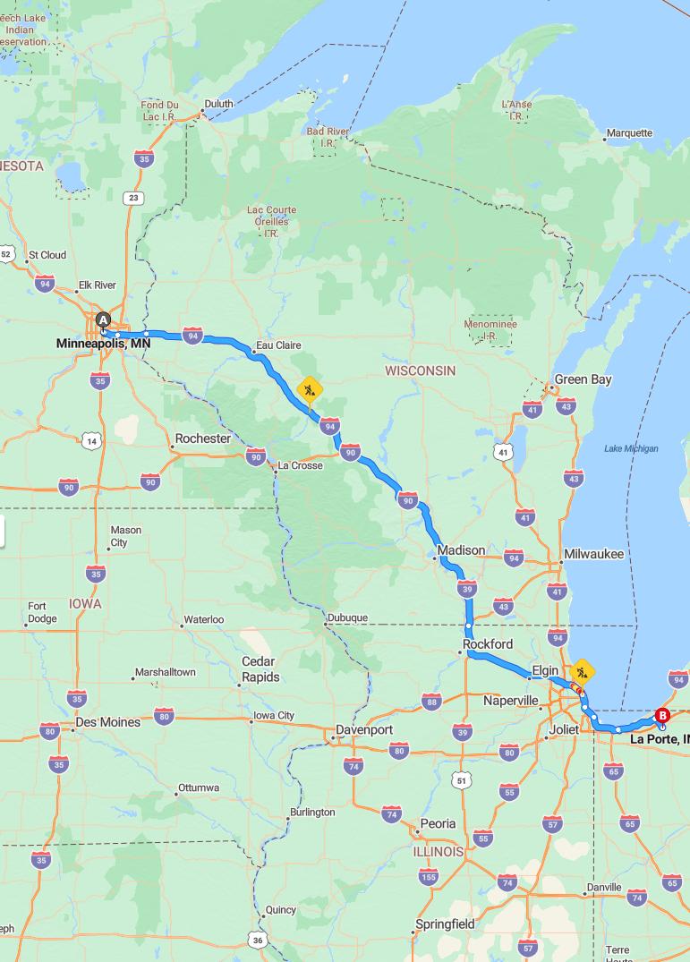 driving from Minneapolis, Minnesota to La PorteIndiana - map and route