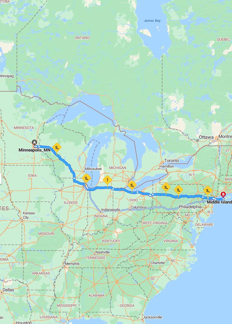 driving from Minneapolis, Minnesota to Middle IslandNew York - map and route