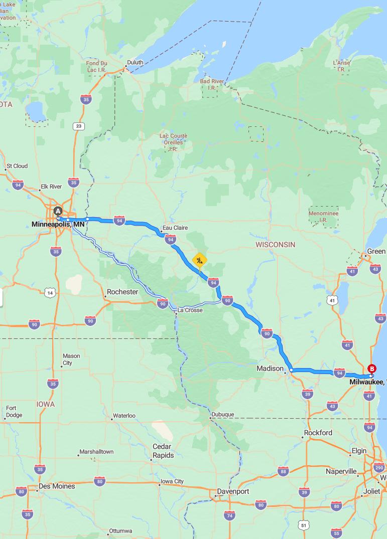 driving from Minneapolis, Minnesota to MilwaukeeWisconsin - map and route