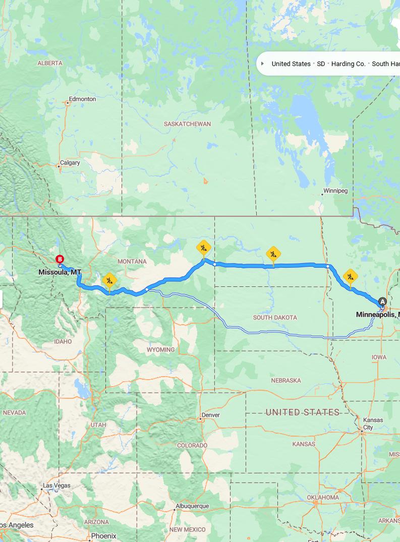driving from Minneapolis, Minnesota to MissoulaMontana - map and route