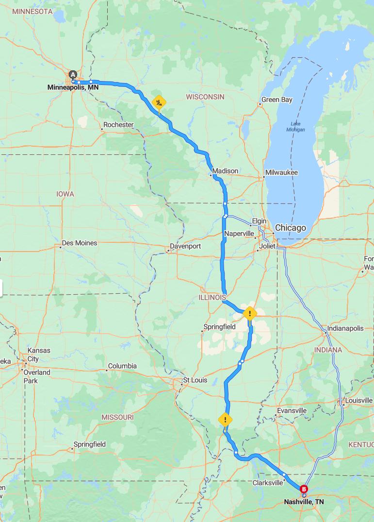 driving from Minneapolis, Minnesota to NashvilleTennessee - map and route