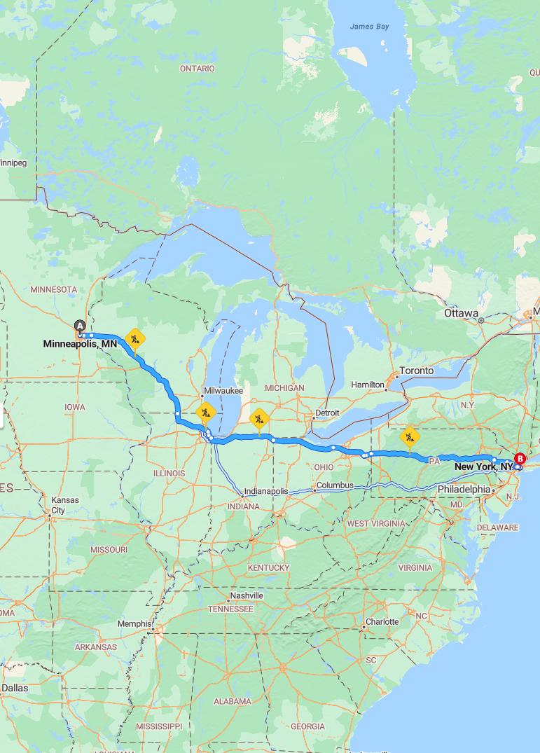 driving from Minneapolis, Minnesota to New York CityNew York - map and route