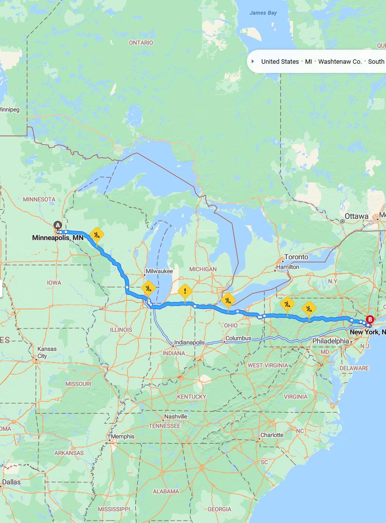 driving from Minneapolis, Minnesota to New YorkNew York - map and route