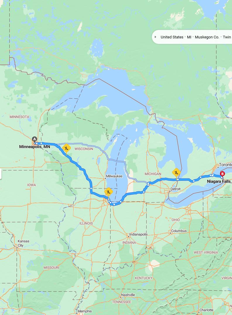 driving from Minneapolis, Minnesota to Niagara FallsNew York - map and route