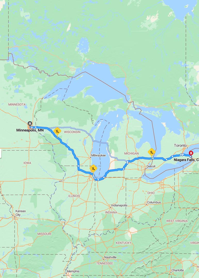driving from Minneapolis, Minnesota to Niagara FallsOntario - map and route