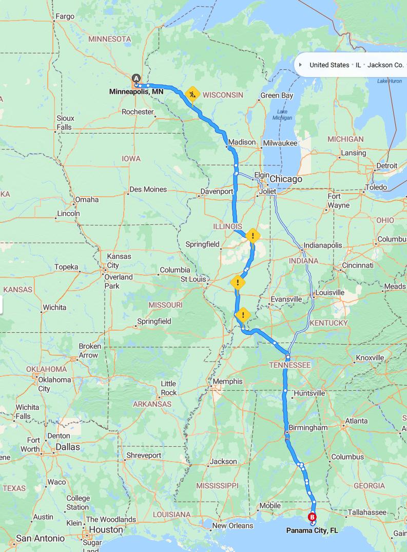driving from Minneapolis, Minnesota to Panama CityFlorida - map and route
