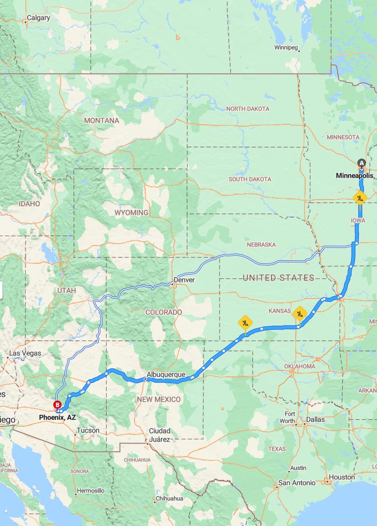 driving from Minneapolis, Minnesota to PhoenixArizona - map and route