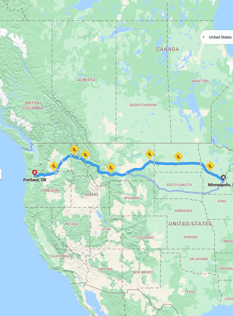 driving from Minneapolis, Minnesota to PortlandOregon - map and route