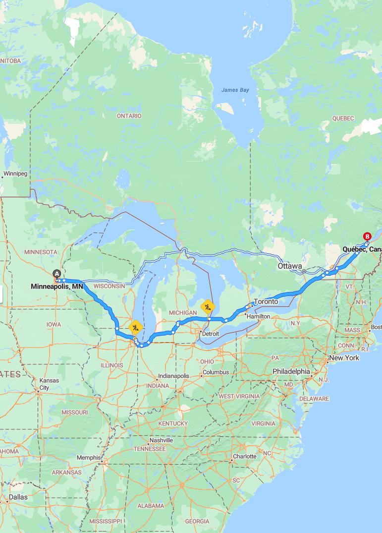 driving from Minneapolis, Minnesota to Quebec CityQuebec - map and route