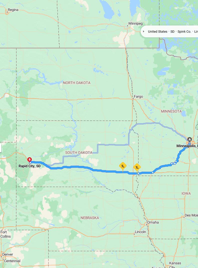 driving from Minneapolis, Minnesota to Rapid CitySouth Dakota - map and route