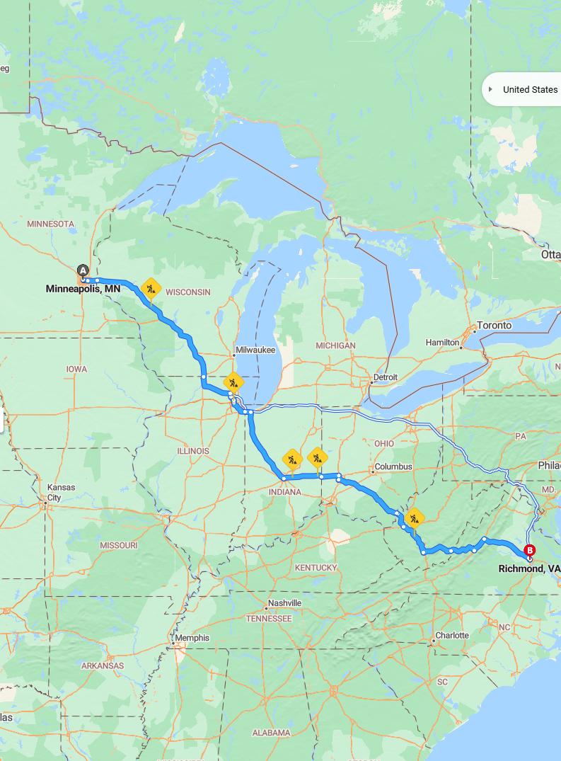 driving from Minneapolis, Minnesota to RichmondVirginia - map and route