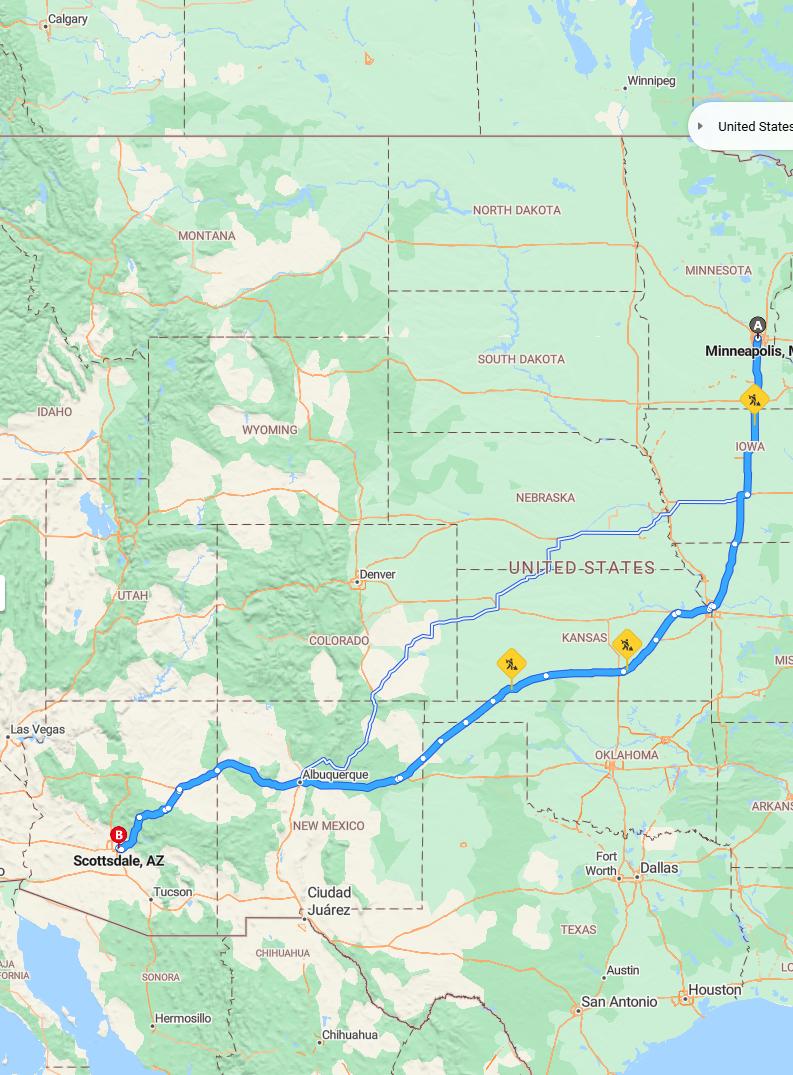 driving from Minneapolis, Minnesota to ScottsdaleArizona - map and route