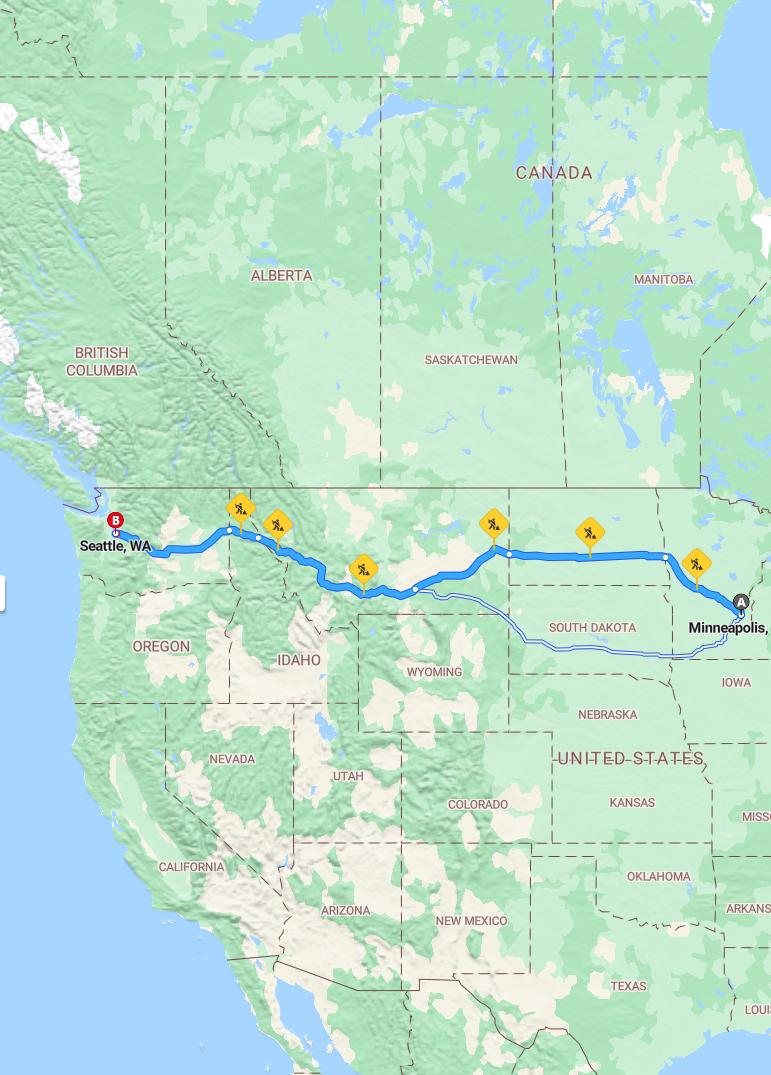 driving from Minneapolis, Minnesota to SeattleWashington - map and route