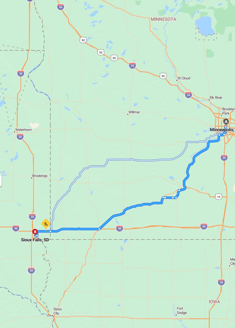 driving from Minneapolis, Minnesota to Sioux FallsSouth Dakota - map and route