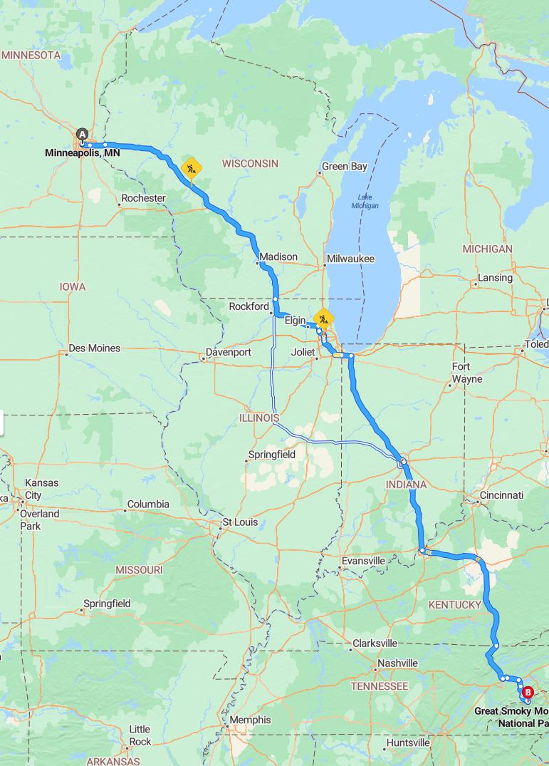 driving from Minneapolis, Minnesota to Smokey MountainsTennessee - map and route