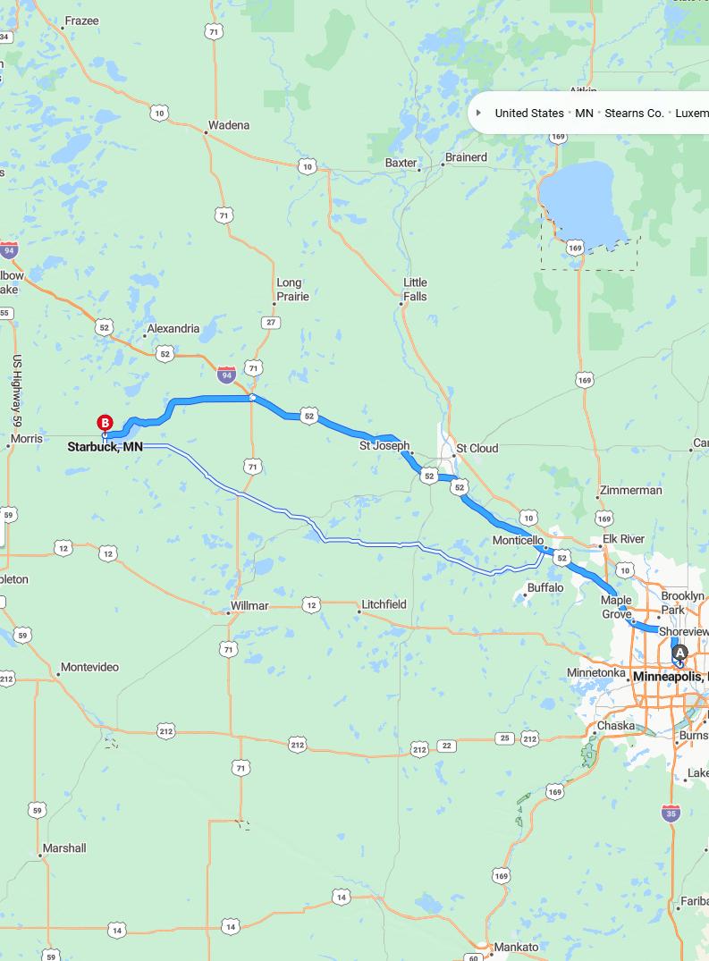 driving from Minneapolis, Minnesota to StarbuckMinnesota - map and route