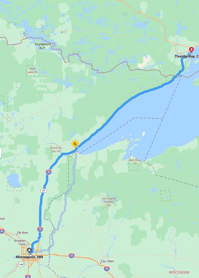 driving from Minneapolis, Minnesota to Thunder BayOntario - map and route