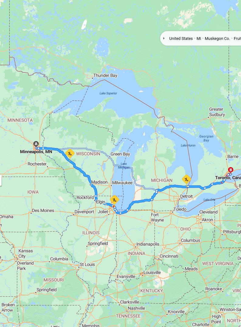 driving from Minneapolis, Minnesota to TorontoOntario - map and route